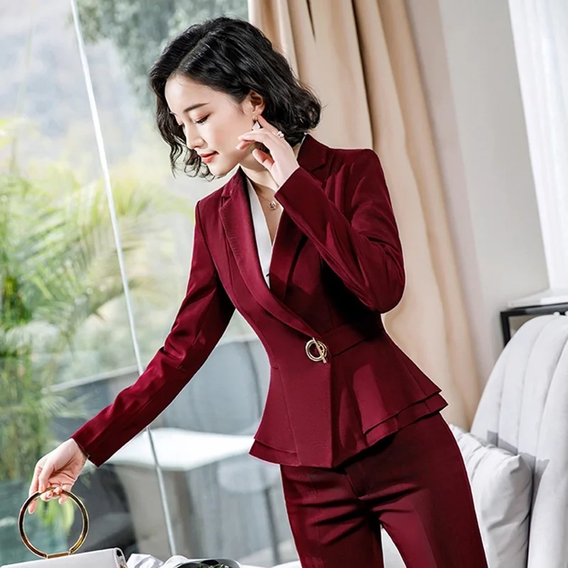 

Wine Red Office Uniform Designs Women 2019 Office Attire Women Mini Skirt Business Suit Pants Elegant Interview Suits DD2046