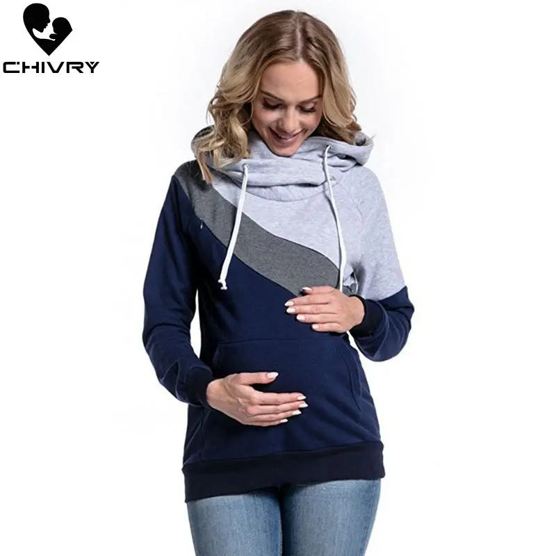 Chivry Maternity Patchwork Sweatshirt Breastfeeding Clothes Hooded Pregnant Hoodies Women Nursing Tops Pregnancy Sweatshirt