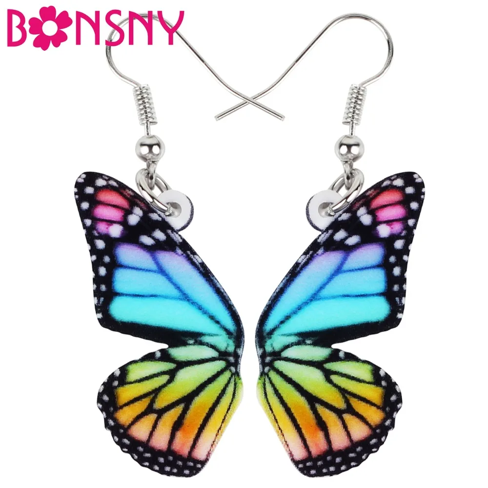 Bonsny Akrilik Warna-warni Butterfly Serangga Anting-Anting Besar Menjuntai DROP Baru Perhiasan untuk Wanita Gadis Wanita Hadiah Massal Aksesoris