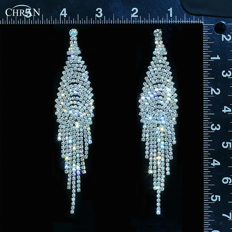 CHRAN Fashion Women Luxury Silver Plated Rhinestone Chandelier Dangle Long Tassel Earrings for Bridesmaid Wedding Party Jewelry