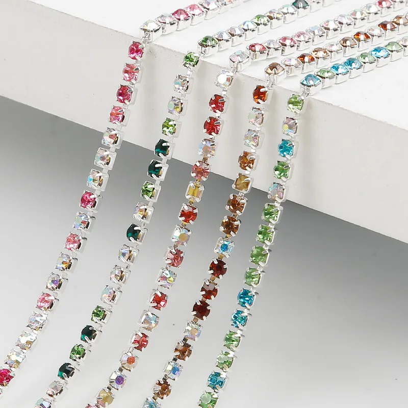 High Density Mixed Color AB Crystal Silver Base Cup Claw Rhinestone Chain for DIY Appliques Trim Sew On Ornament Accessories