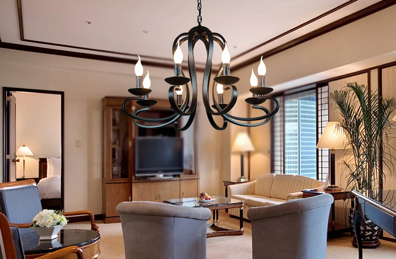 북유럽 미국 컨트리 스타일 모던 캔들 샹들리에 램프, 빈티지 화이트, 블랙, 연철, 가정용 조명 기구, E14