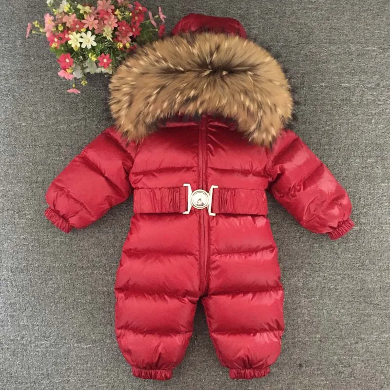 Inverno russo meninos meninas 1-5y macacão de inverno do bebê macacão pato para baixo macacão gola de pele real crianças outerwear crianças snowsuit