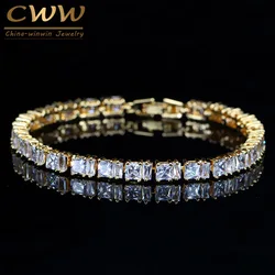 CWWZircons Stylish Square Cut Sparkling Cubic Zirconia Yellow Gold Color CZ Women Tennis Bracelet With Extension CB192