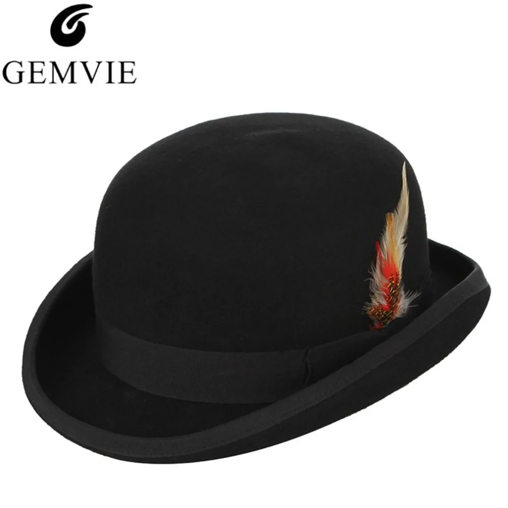 GEMVIE 4 tamaños 100% lana fieltro negro Derby Bowler sombrero para hombres mujeres pluma satén forro Casual Formal Fedora