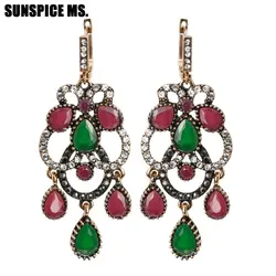 Sunspicems Vintage Turkish Crystal Drop Earrings for Women Indian Antique Gold Color Rhinestone Wedding Banquet Jewelry Gift