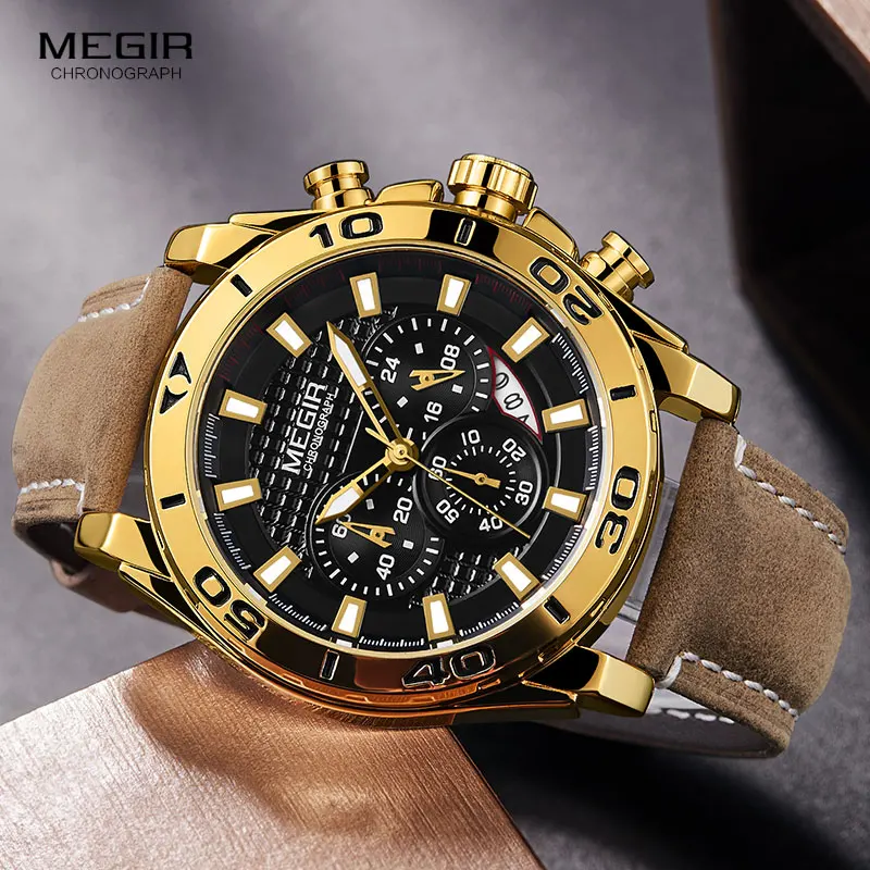 MEGIR Men\'s Leather Strap Quartz Watches Waterproof Luminous Army Sports Chronograph Wristwatch Man Relogios Clock 2094 Gold