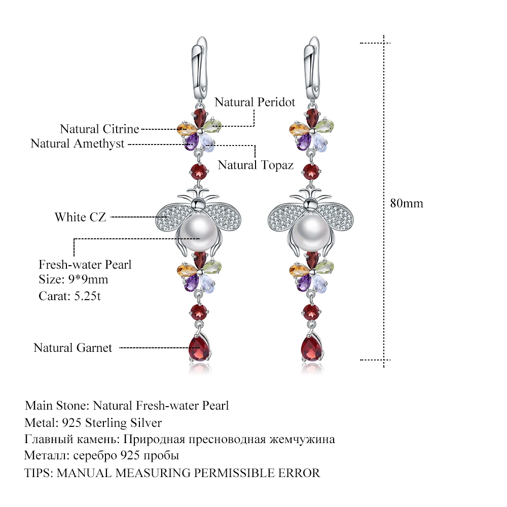 GEM\'S BALLET Natural Flower Multicolor Gemstone Earrings 925 Sterling Silver Freshwater Pearl Vintage Drop Earrings For Women