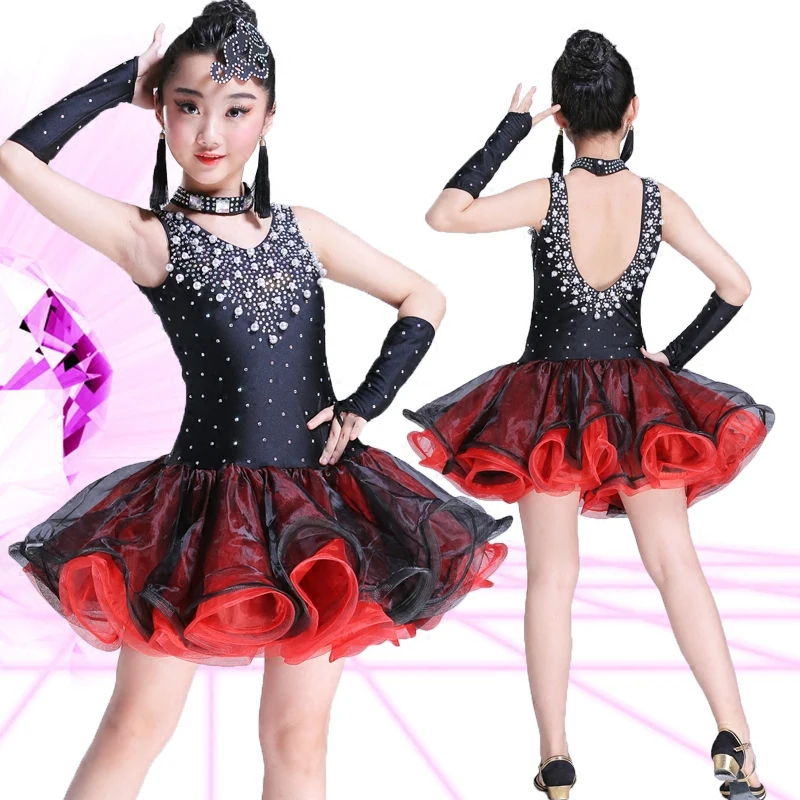 Neue stylel Mädchen Kinder Kinder Latin Rumba Salsa-tanz Kleid Sexy Sleeveless Rückseite Riemen Flauschige Diamant perle Rock Bühne Kleid