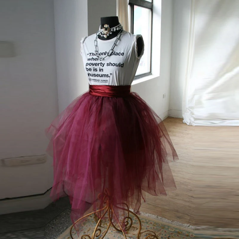 Burgundy Wine Red Tulle Skirt Elastic Waistline With Ribbons A Line Knee Length Puffy Tutu Skirt Real Photos