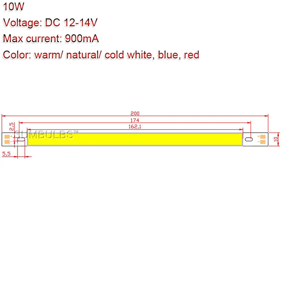 Big Promotion DC 12V LED COB Strip Bulb 1000LM 10W LED Bar Lights Lamp 200*10MM Warm Pure White Blue Red Green Yellow Lighting