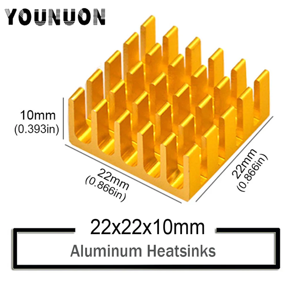 50Pcs YOUNUON Golden 22x22x10mm Aluminum Heatsink Cooler Circuit Board Cooling Fin for Raspberry Pi VGA RAM IC Chips Mosfet SCR