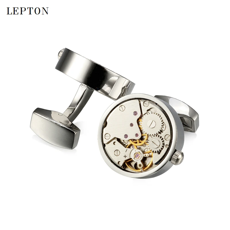 Hot Non-Functional Watch Movement Cufflinks For Mens Round Stainless Steel Silver Color Steampunk Gear Watch Mechanism Cufflink