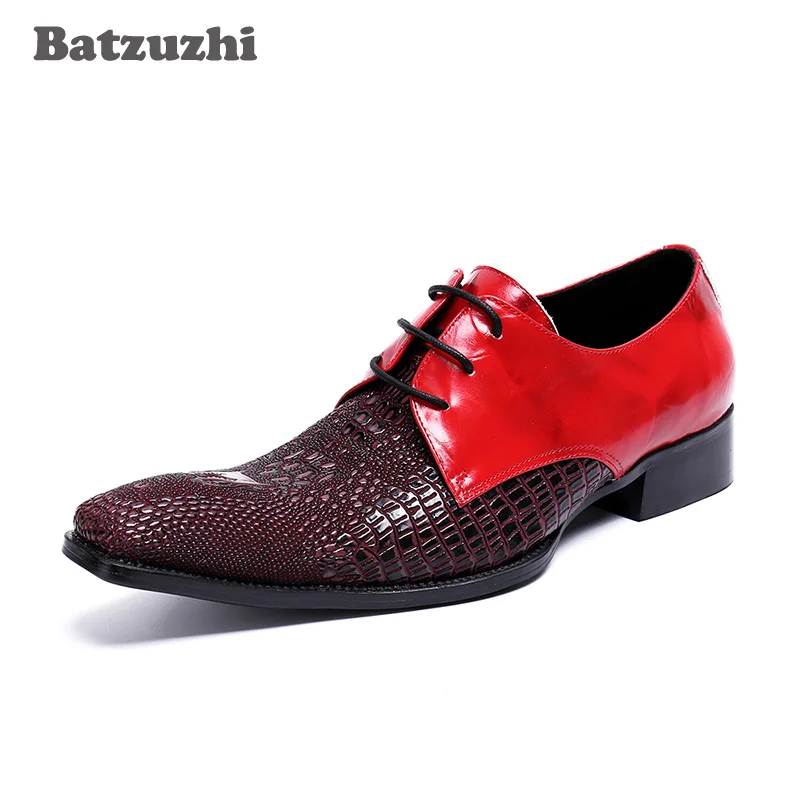 Zapatos de hombre de estilo italiano de lujo, zapatos de vestir pequeños con punta cuadrada para hombre, zapatos de cuero genuino con cordones, zapatos de boda rojos para hombre, Oxfords, US12