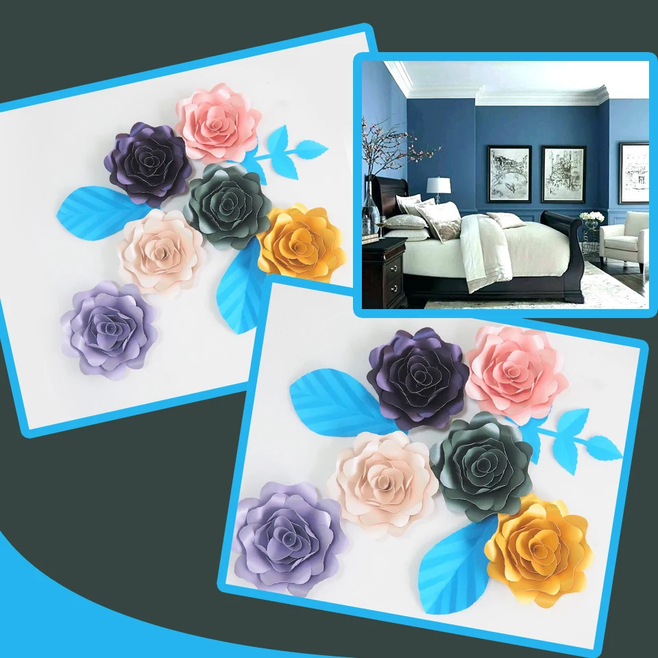 DIY Artificial Flowers Fleurs Artificielles Backdrop Giant Paper Rose 5PCS + 3 Leaves For  Wedding Party Decoration Bedroom Deco