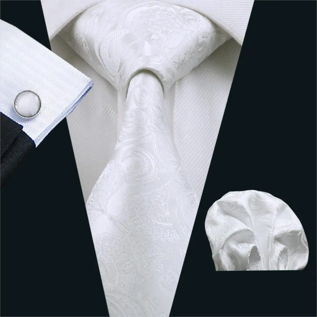 FA-393 Men's Tie White Paisley Silk Jacquard Woven classic Tie Hanky Cufflinks Set For Men Business Wedding Party