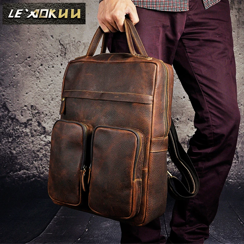 High Quality Cowhide Men Travel Bag University Student School Book Bag Design Backpack Male Fashion Backpack Daypack 2107