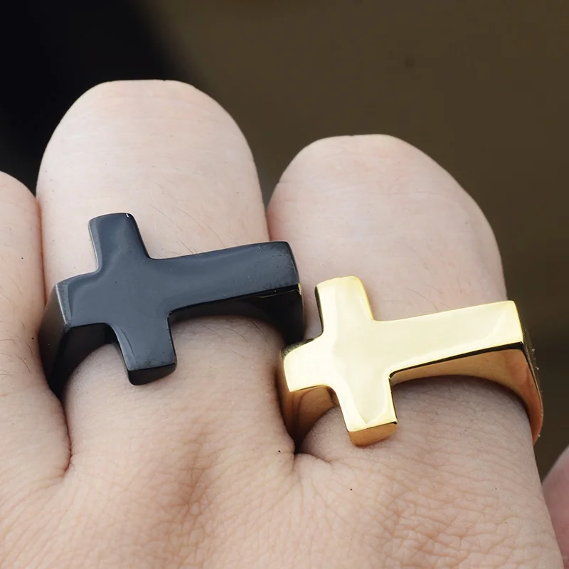 Valily Jewelry Mens Ring Simple Cross Ring Stainless Steel Fashion Finger Band Classic Cross Rings Women Black Rings anillos hom