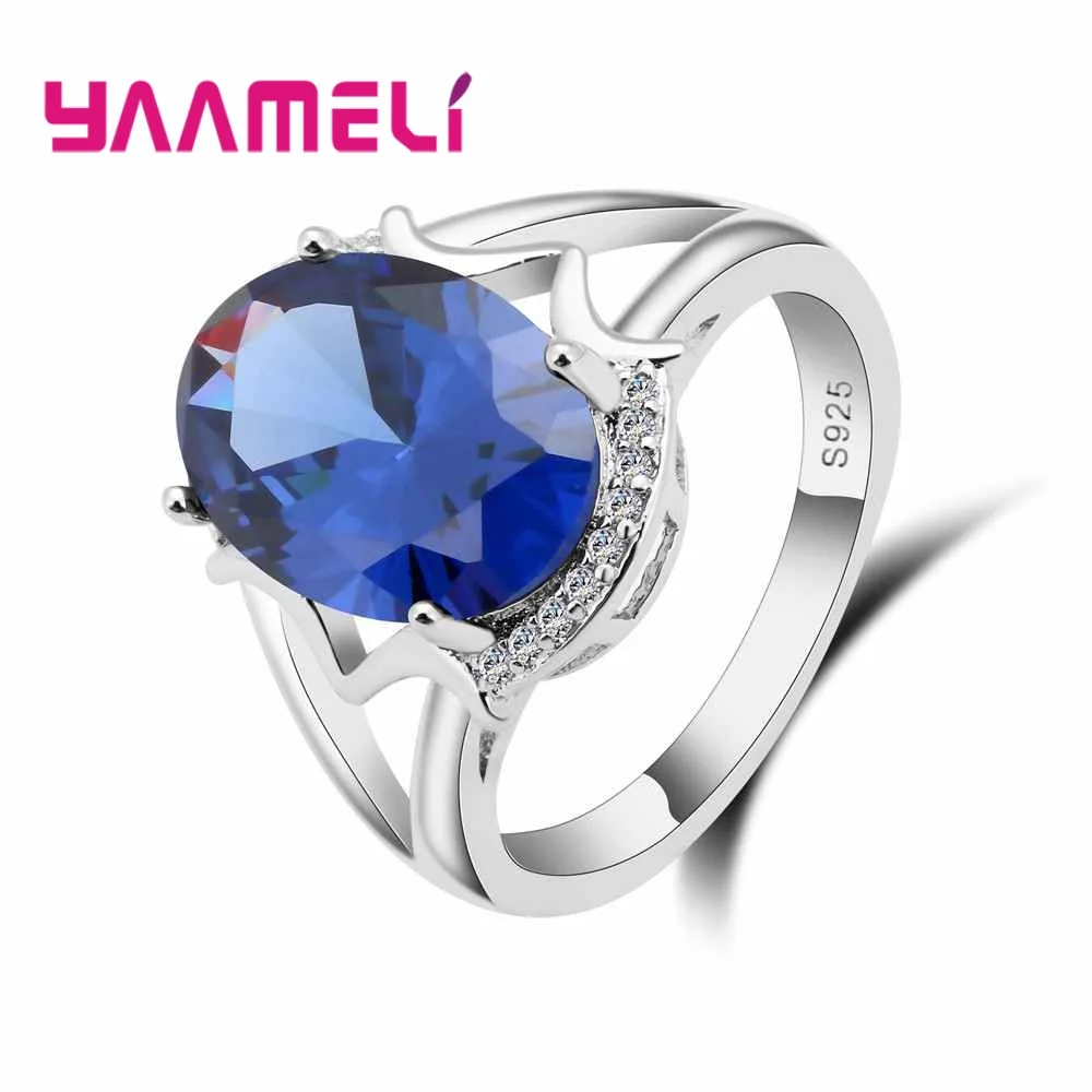 Elegant Oval Blue Stone Crystal Ring 925 Sterling Silver Cubic Zircon Jewelry for Women Gift Wedding Party Accessories