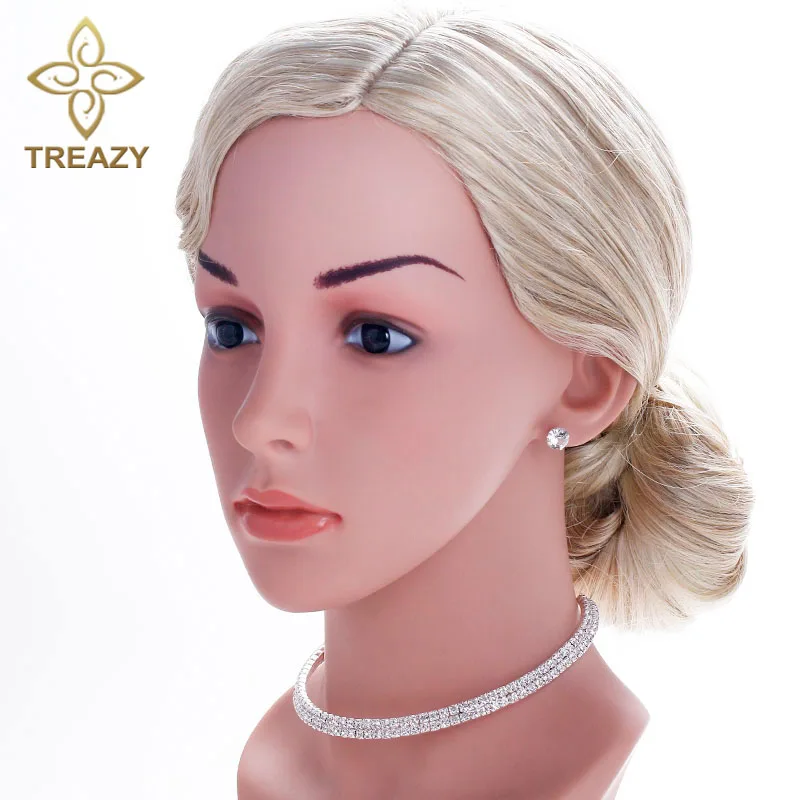 TREAZY Classic Rhinestone Crystal Choker Necklace Earrings and Bracelet African Wedding Jewelry Sets Bridal Wedding Accessories