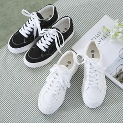 Women White Shoes Canvas Female Black Shoes All Match Solid Color Basic Casual Sneakers Lace Up Fresh Style Flat Heel Size 35-40