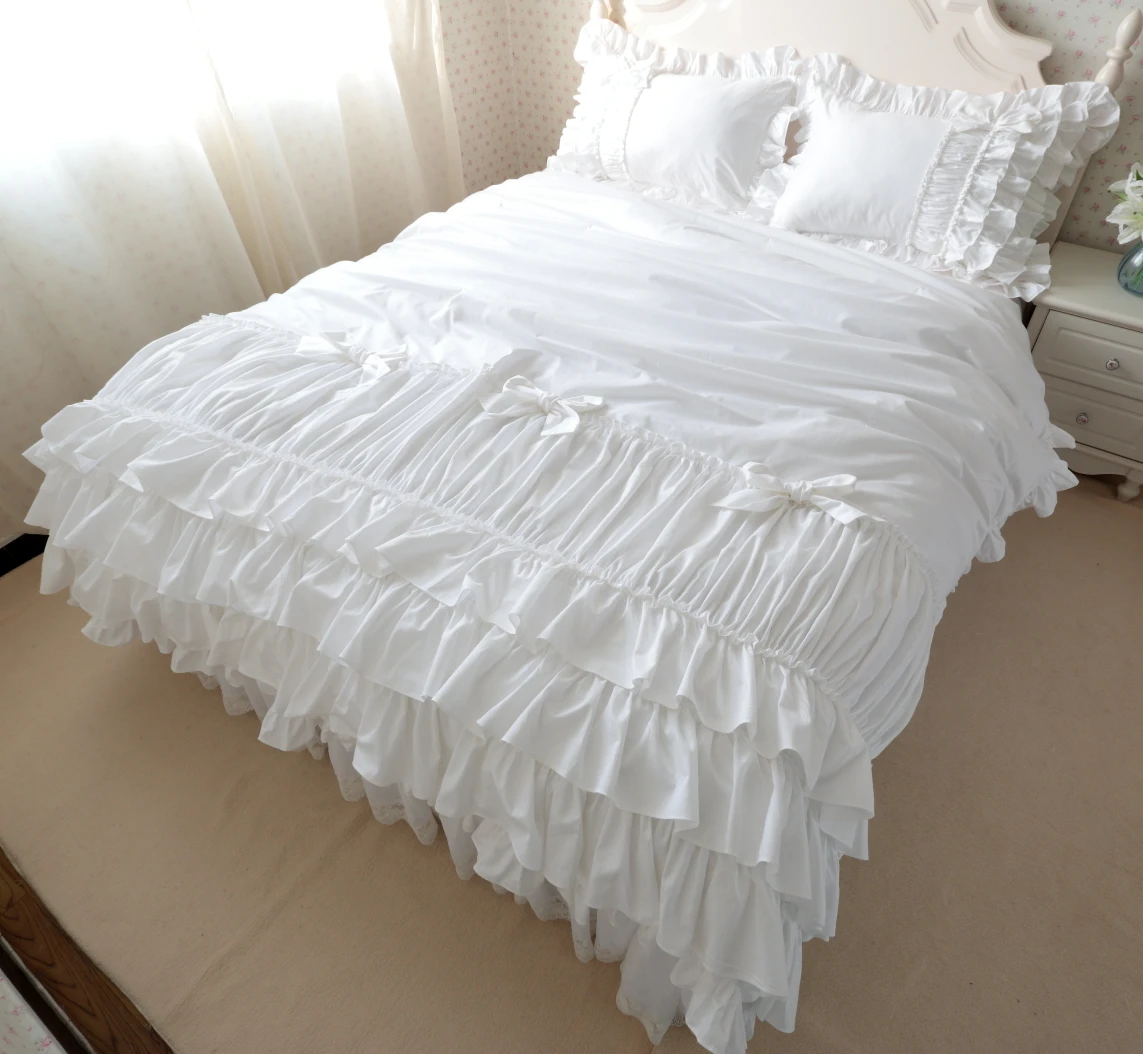 Pure Cotton White Princess Wedding Luxury Beding 4pcs Sets Queen King Size Ruffle Duvet Cover Bedsheets Pillowcase Quilt Covers