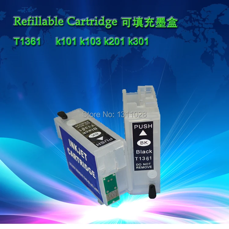 INK WAY T1361 T1361 Empty Refillable ink cartridge for  K101 K103 K201 K301  with latest chip,1 Set, 2 PCS