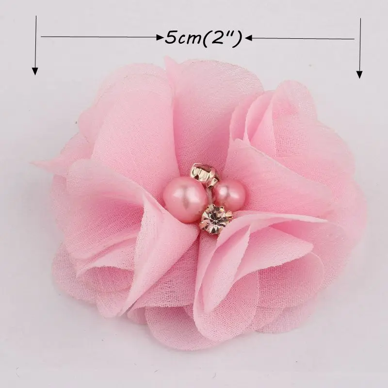 10 Uds. De flores de gasa con diamantes de imitación para niña, tela de perlas con Clips, accesorios para el cabello, 2 ", 35 colores