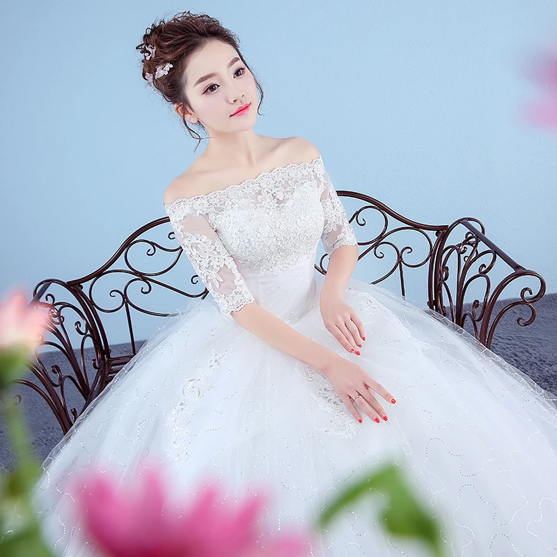 Customized Cheap Princess Ivory Wedding Dresses 2025 New Korean Style Lace Half Sleeve Boat Neck Bridal Gown vestido de noiva