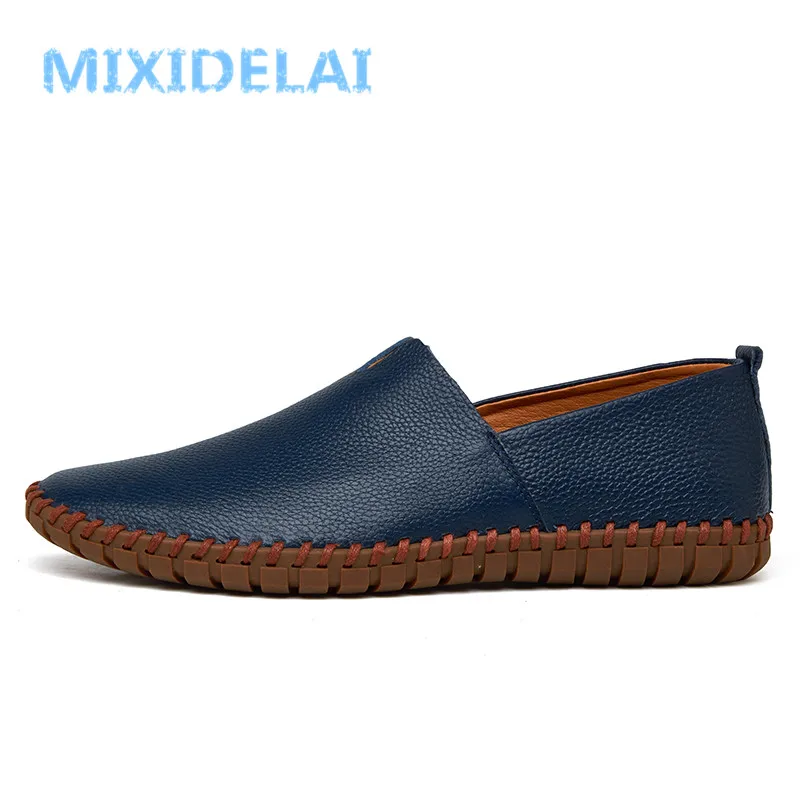 MIXIDELAI Genuine Cow Leather Mens Loafers Fashion Handmade Moccasins Soft Leather Blue Slip On Men\'s Boat Shoe PLUS SIZE 38~47