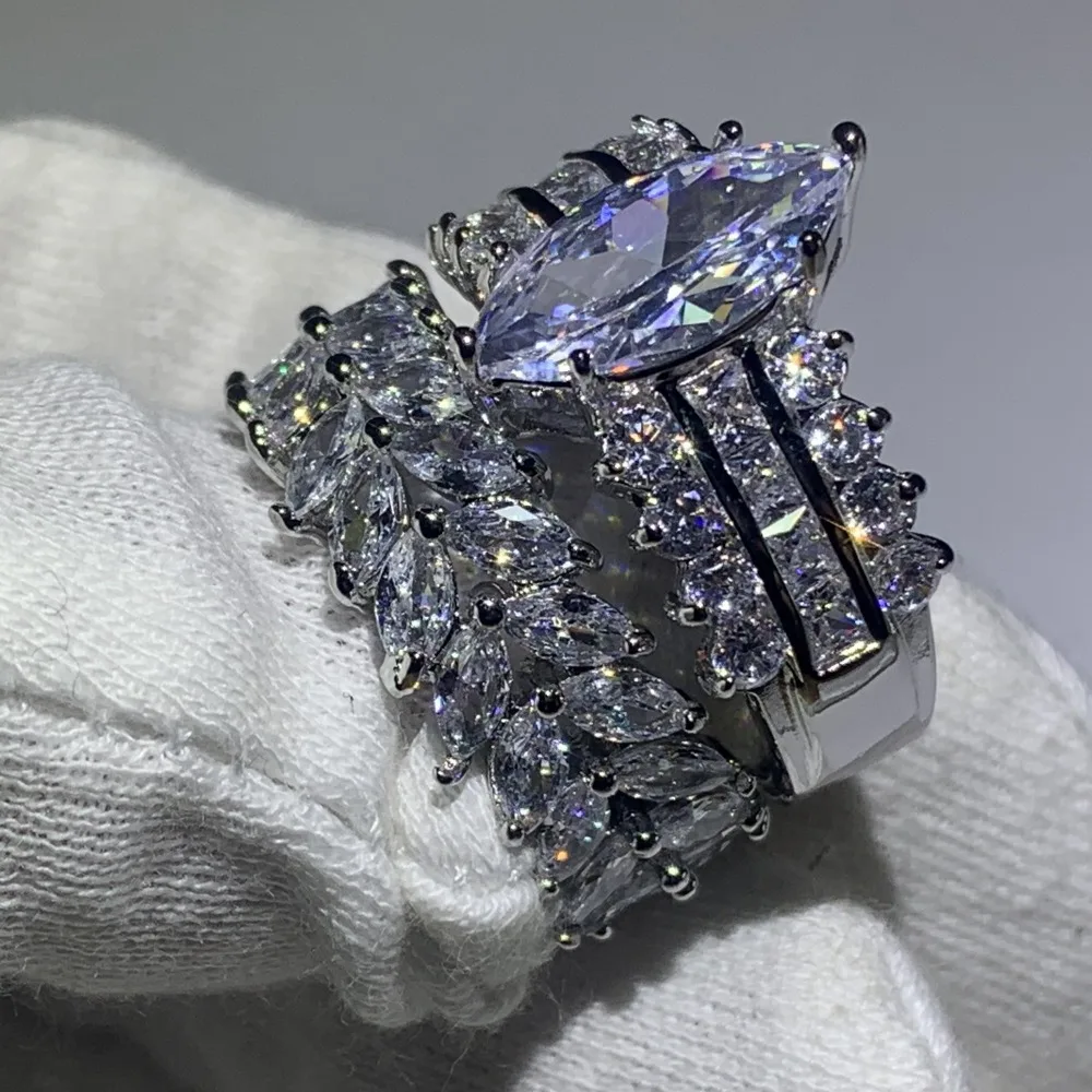 90% Off Super Deal Stunning Luxury Jewelry 925 Sterling Silver Marquise 5A CZ Zirconia Drop Shipping Wedding Bridal Ring Set