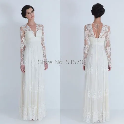 Abito da sposa da spiaggia di dimensioni personalizzate pizzo bianco avorio una linea manica lunga scollo A V profondo lunghezza del pavimento abito da sposa da spiaggia