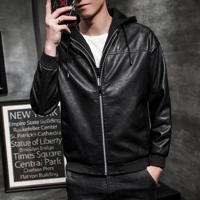 Hooded Leather Jacket Mens Black Winter Jackets Mens Bomber Leather Jacket Mens Veste Moto Homme Casaca De Cuero Hombre Cortas