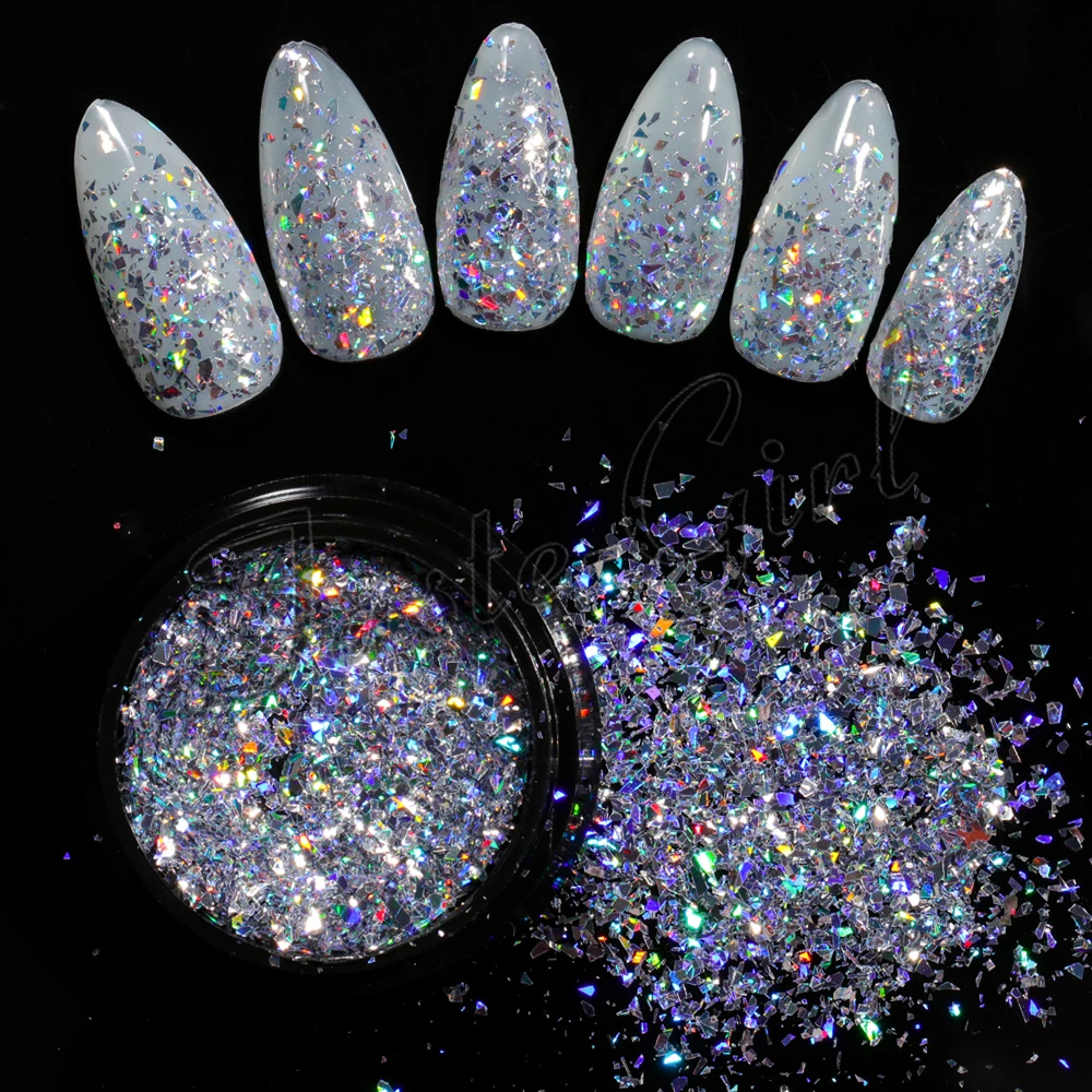 1 pot Holo Nail Flakies Sequins 0.5g Laser silver Holographic Powder  Irregular Paillette DIY Nail Art Decoration Supplies tool