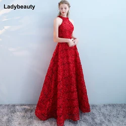 Customized Red Beading Pleat Silk Long Evening Dresses 2020 Backless Halter Formal Dress Simpel Evening Party Dresses