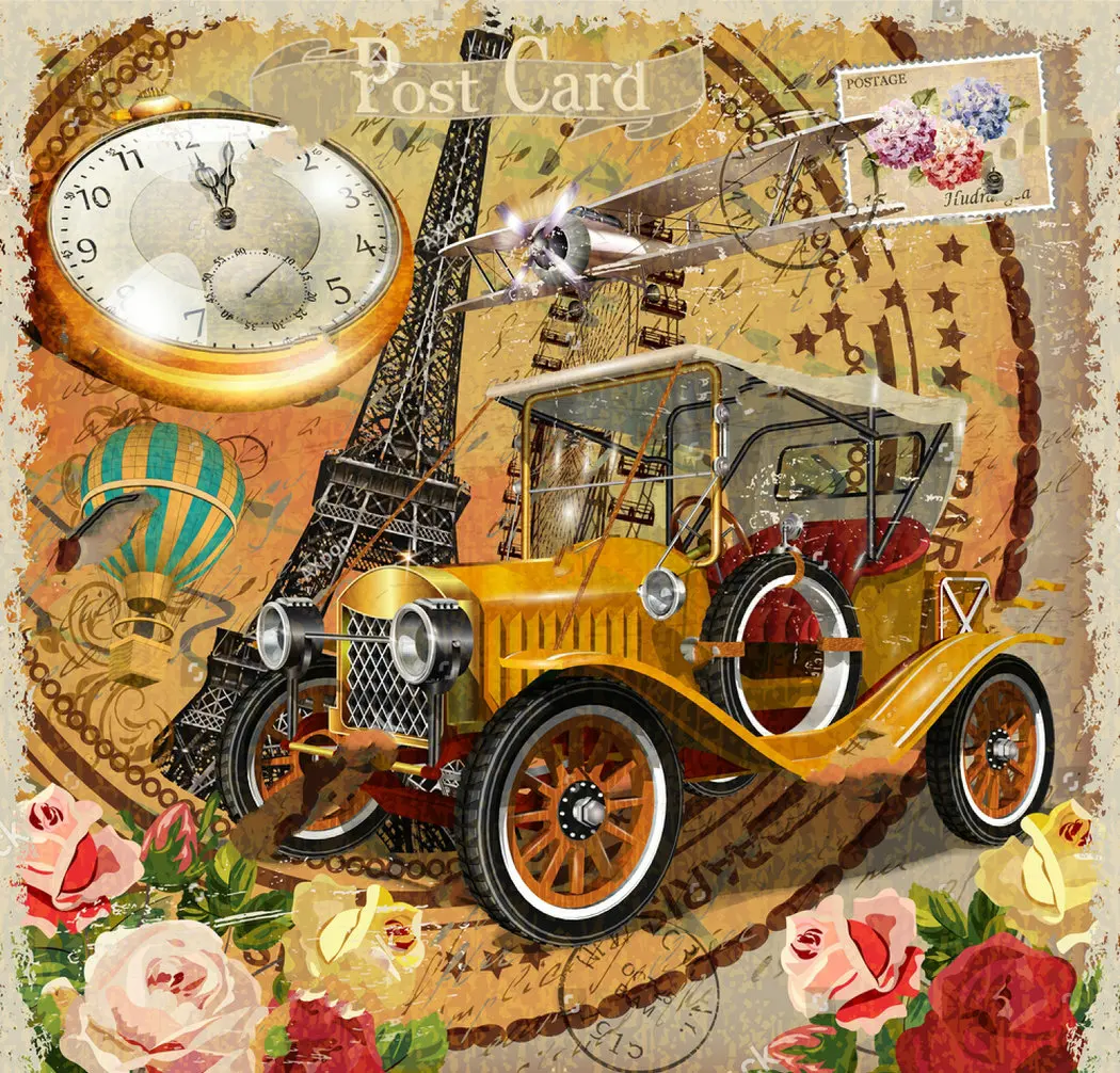 

Vintage Paris eiffel tower Poster Clock Flower backgrounds Vinyl cloth High quality Computer print wall backdrops