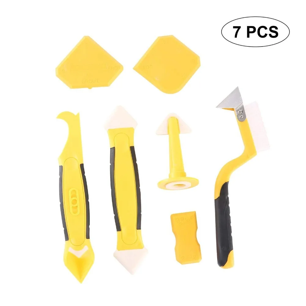 Silicone Removal Scraper 7 Pieces Caulking Tool Kit,Yellow Silicone Sealant Finishing and Replace Removal Tool with Caulk Nozzle