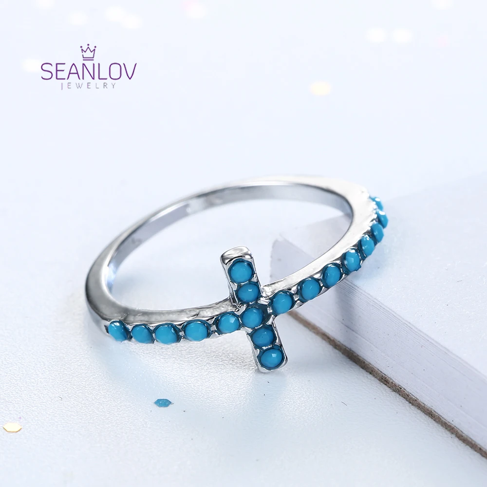 Seanlov Cross Ring for Wedding Paved with Natural Stone Blue Green CZ Engagement ring Fashion Jewelry