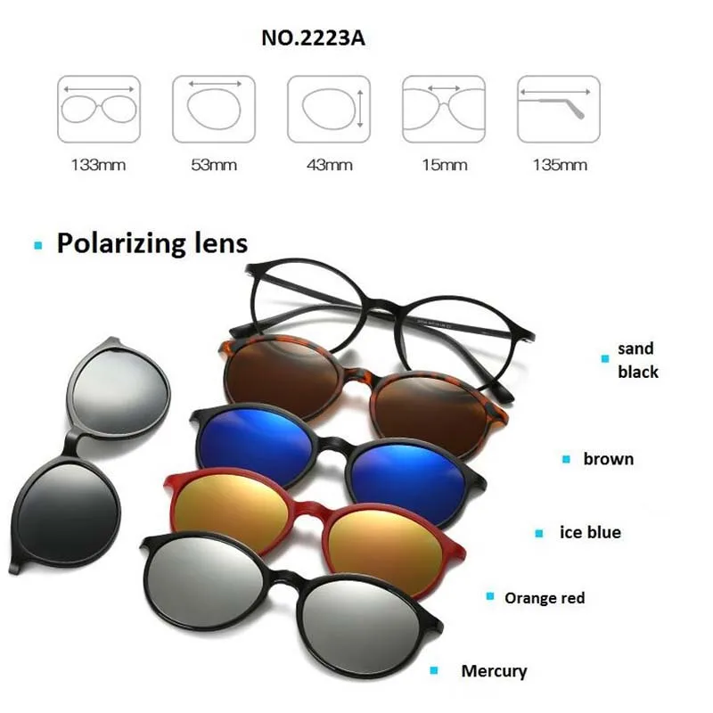 Retro 5+1 Polarized Myopia Clip Sunglasses Eyeglasses For Men Women Five Magnet Set Mirror 0 -1 -1.5 -2 -2.5 -3 -3.5 -4 -5 -6