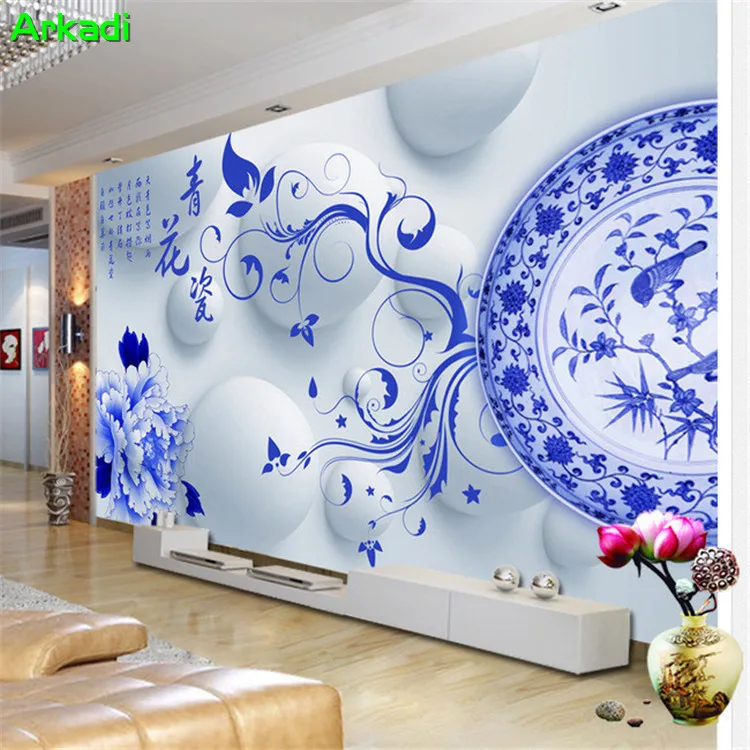 

Modern minimalist living room TV background wall paper warm bedroom wallpaper Chinese characteristics blue and white porcelain