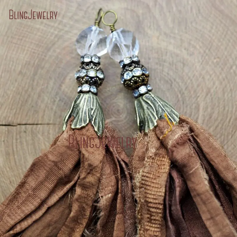 Brown Sari Silk Tassel Pendant  with Antique Bronza Cap Crystal and Rhinestone Accent PM9047