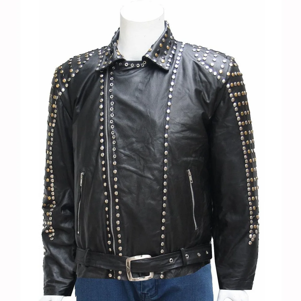 Retro Punk Rock Street Rivet PU leather Jacket Handmade 100% Black Silm Motorcycle Zipper Winter Outwear