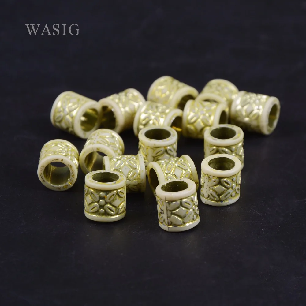 100pcs 6mm Acrylic Dread Dreadlock Beads With Gold Flower Pattern Hair Braid Braiding Tube Ring Cuffs Clips Hair Jewelry Tool