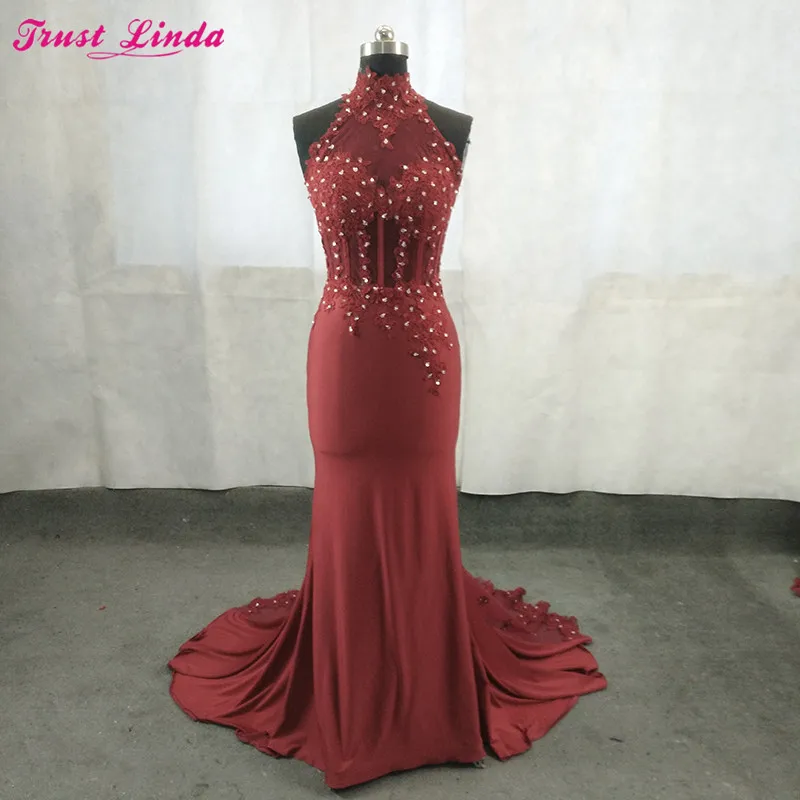 Burgundy Prom Gown Satin Lace Appliques Beads Halter Neck Mermaid Bridesmaid Dresses