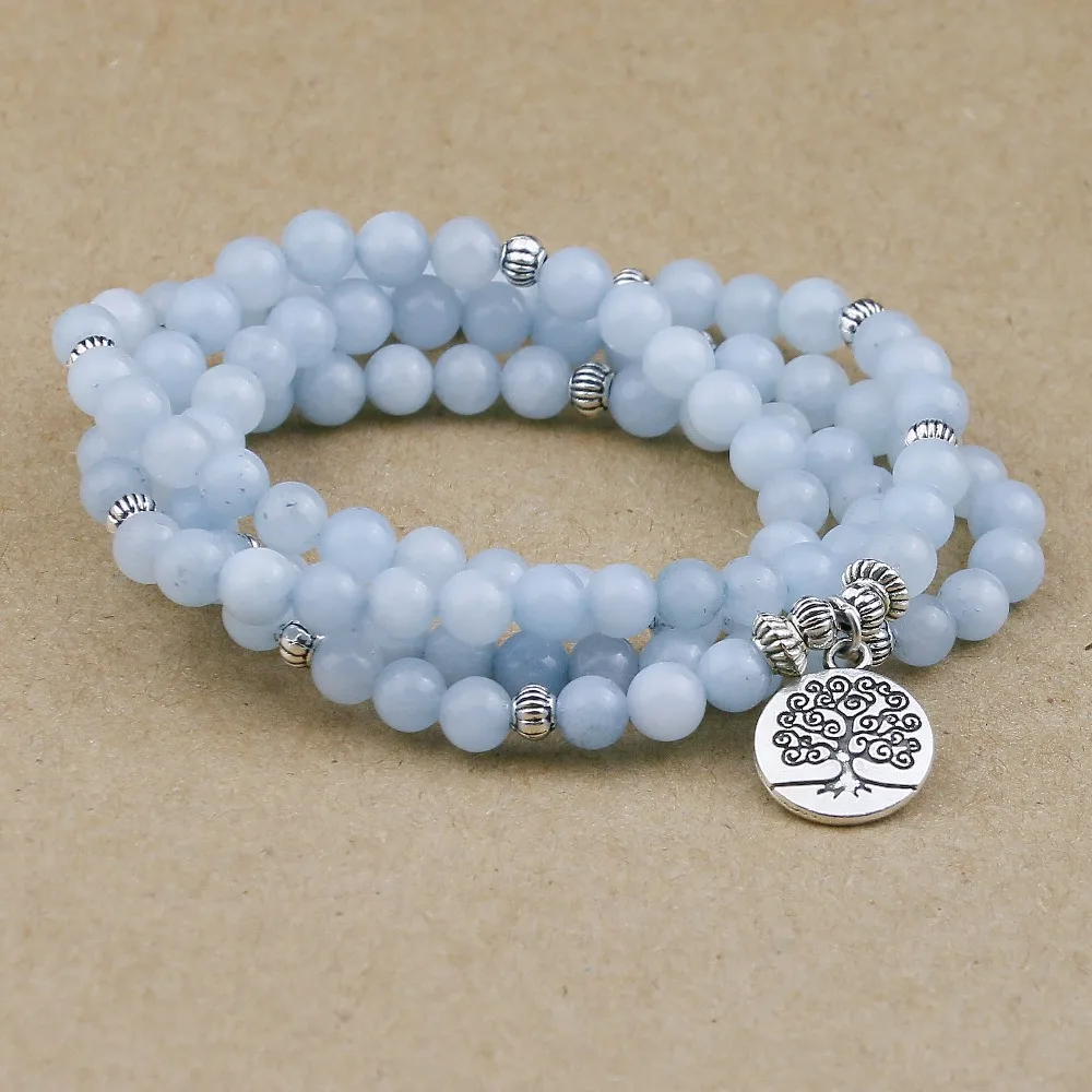 Blue Stone Beads Bracelets for Women 108 Buddha Bracelet Jewelry with Lotus Pendant Vintage Yogi Multilayer Men Jewelry