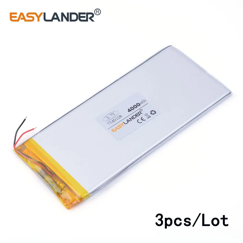 

3pcs/Lot 3.7V 4000mAH 7549108 lithium Li ion polymer rechargeable battery for tablet pc cell phone POWER BANK Power mobile