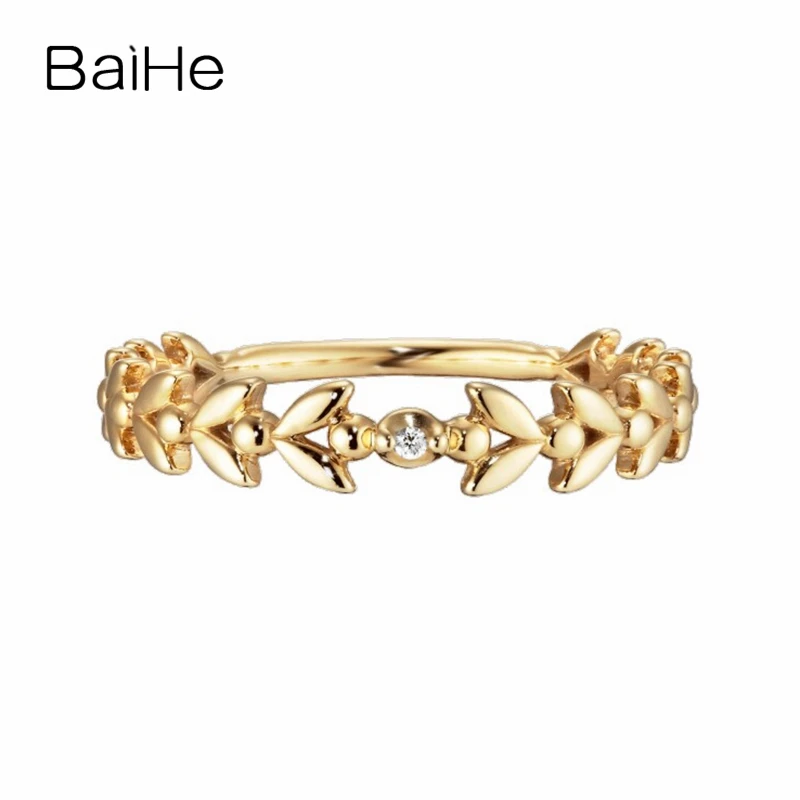 BAIHE Solid 14K Yellow Gold 0.005ct Round Natural Diamond Engagement Women Simple refined Beautiful leaves Gift Ring