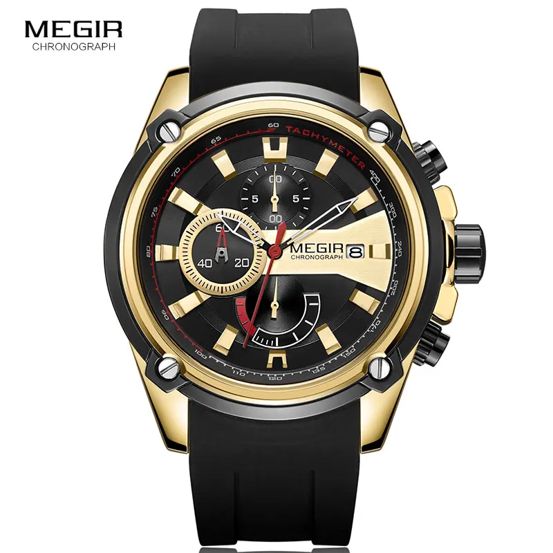 MEGIR Men\'s Quartz Watches Silicone Strap Leisure Sports Chronograph Wristwatch for Man Clock Relogios Masculino 2086 Gold Black