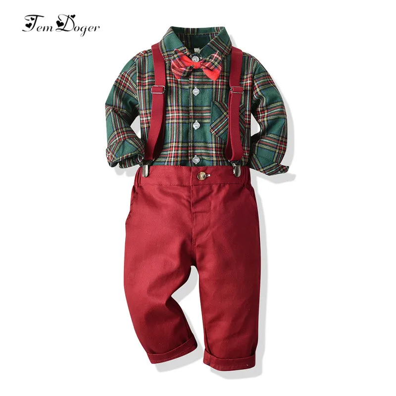 

Tem Doger Boy Clothing Sets 2019 Autumn Kids Boys Clothes Long Sleeve Plaid Tops+Pants+Straps 3PCS Casual Suit Children Clothing