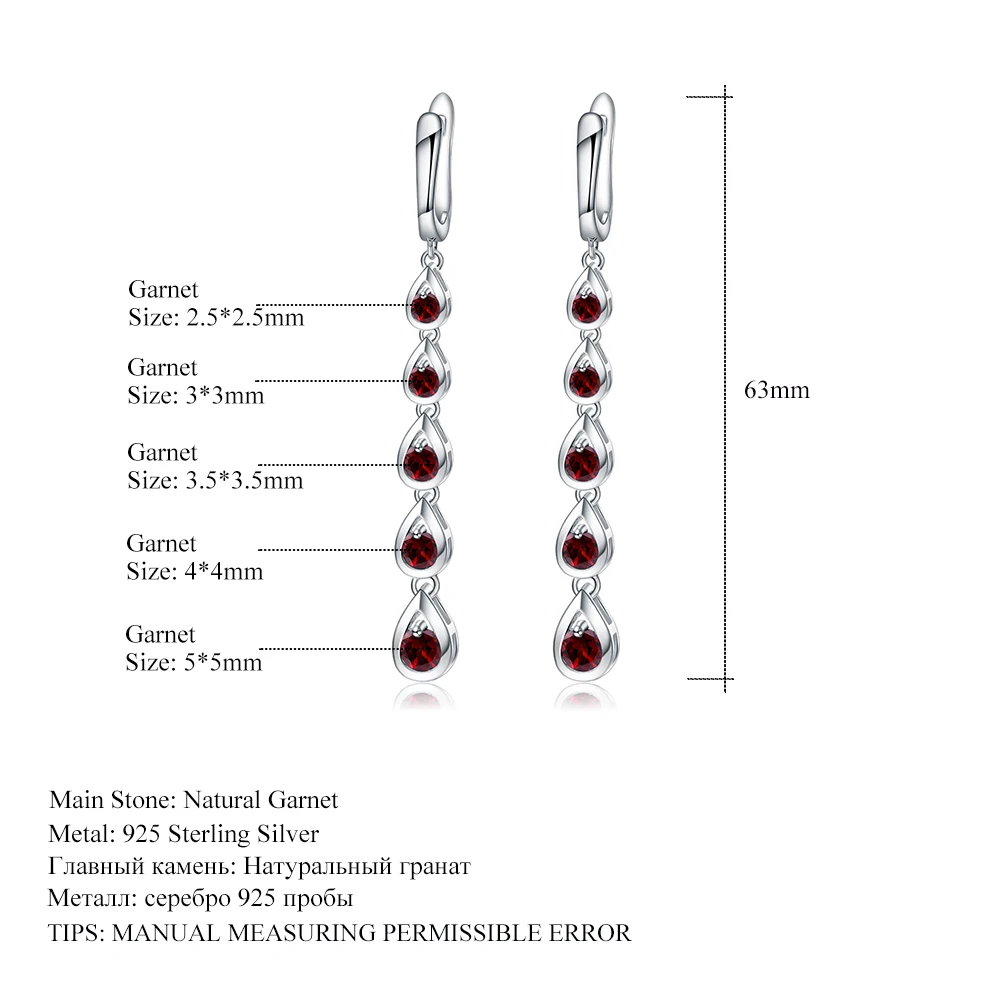 GEM\'S BALLET 3.07Ct  Natural Red Garnet Gemstone Long Earrings Solid 925 Sterling Silver Drop Earrings Fine Jewelry For Women
